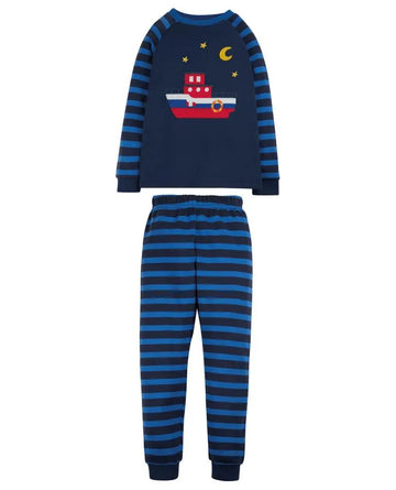 Navigator Long John PJs, Cobalt Indigo Stripe/Boat