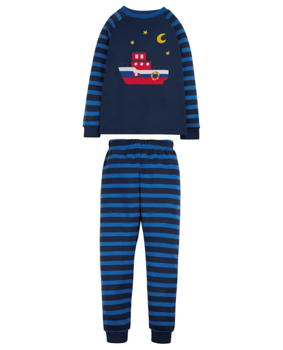 Navigator Long John PJs, Cobalt Indigo Stripe/Boat